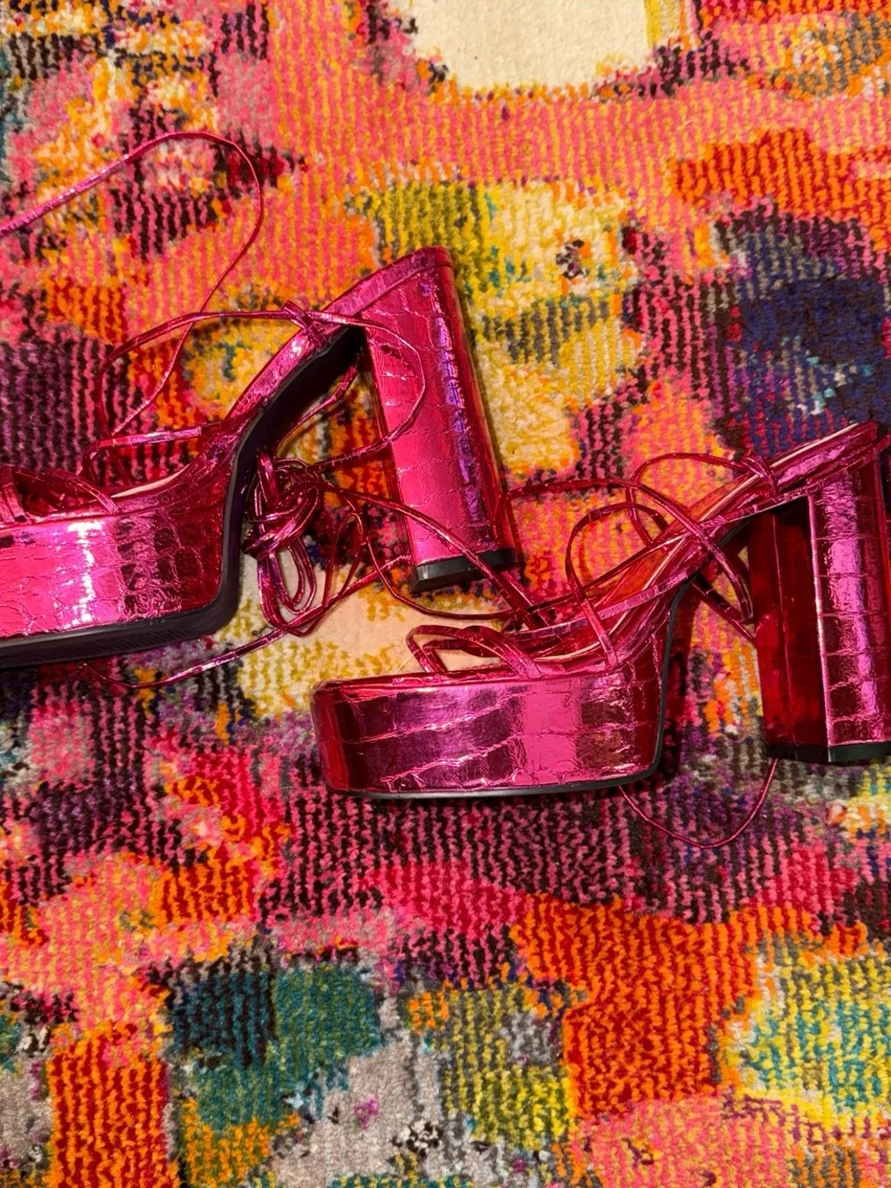 AZALEA WANG Metallic Fuchsia Lace-Up Heeled Sandals